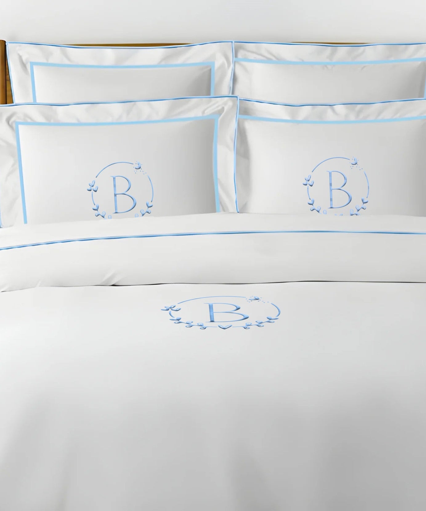 Monogram Embroidery & Border Cotton Sateen Solid Duvet Cover Set