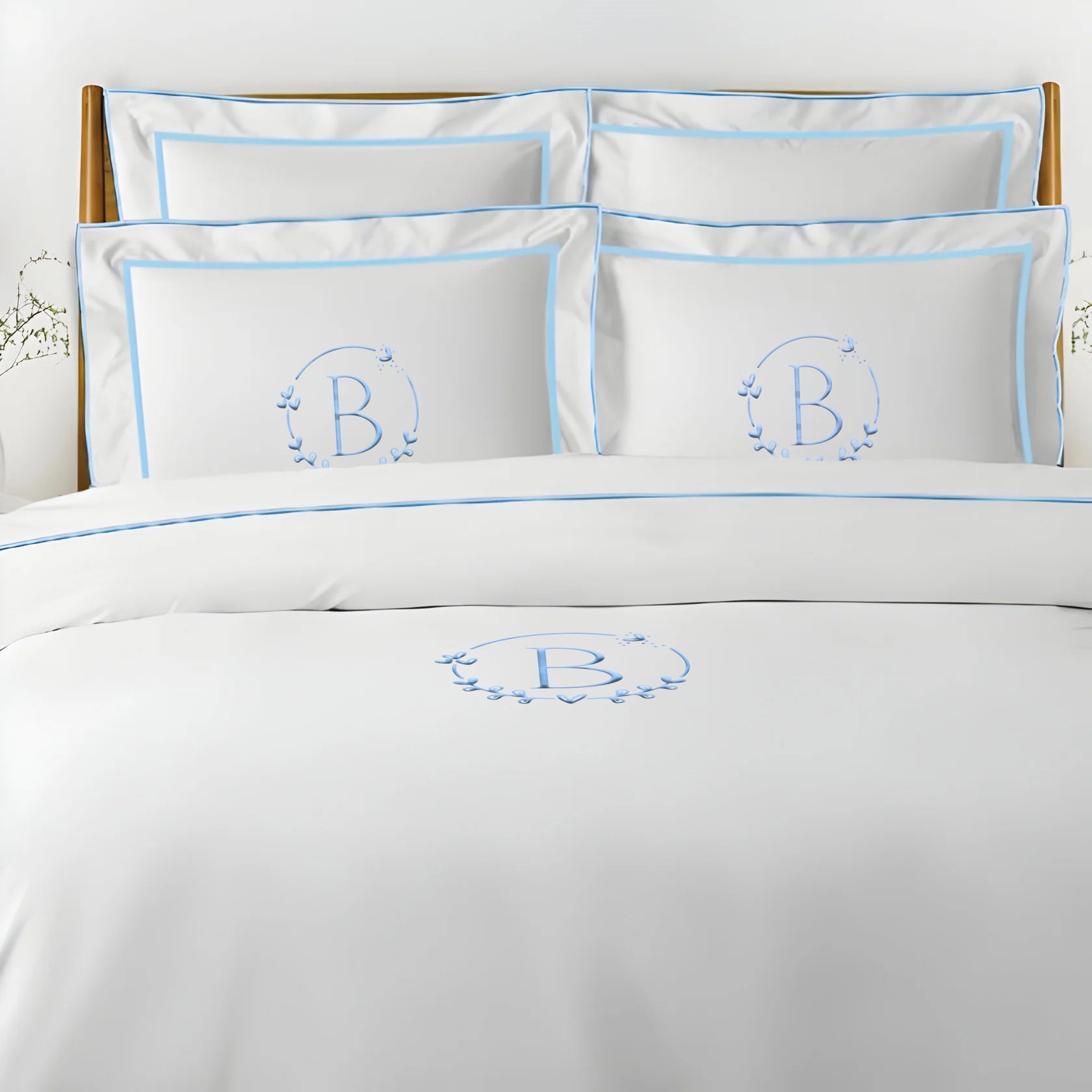 Monogram Embroidery & Border Cotton Sateen Solid Duvet Cover Set