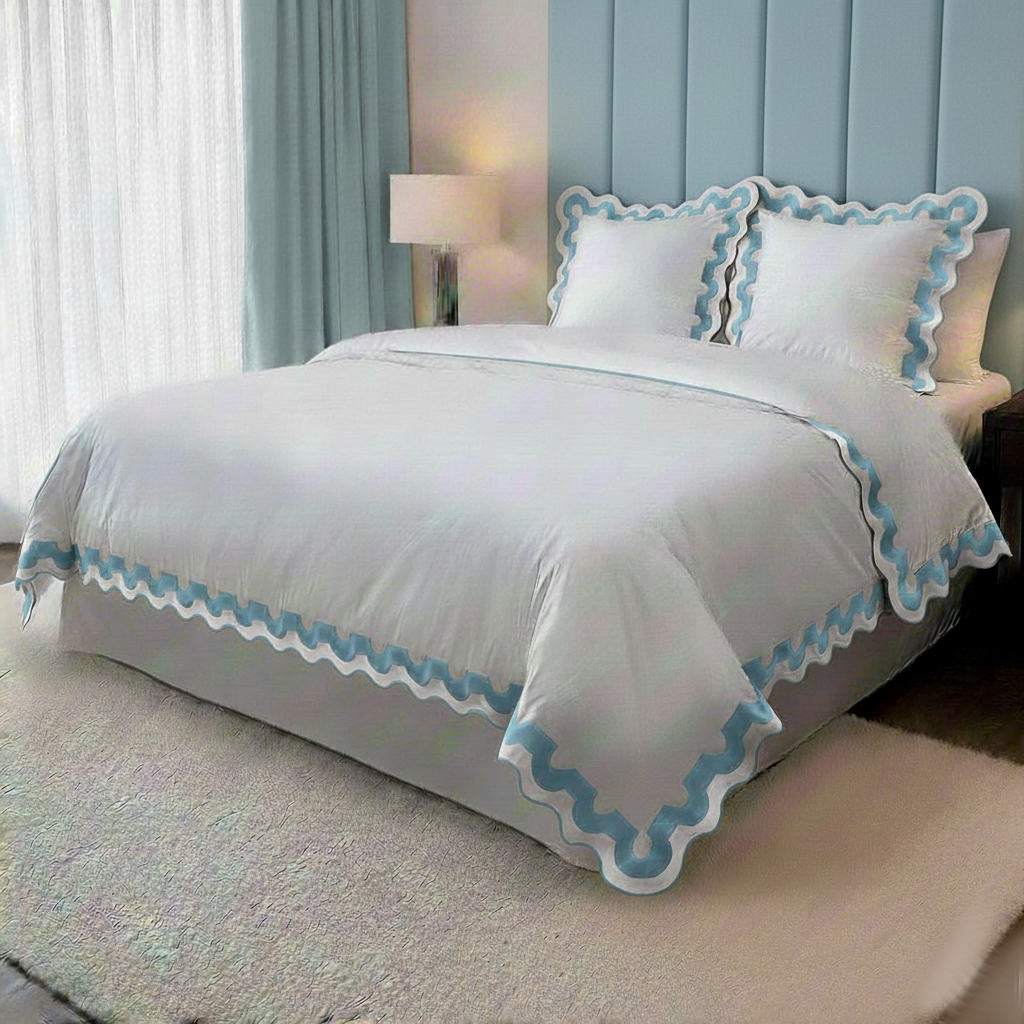 400TC U Shape Applique Scalloped Embroidery Cotton Duvet Cover Set