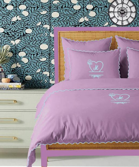 Monogram Lilac 400TC Cotton Small Scallop Embroidery Duvet Cover Set