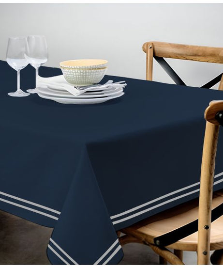 Double Embroidery Border Sateen Cotton Solid Table Cloth - Navy