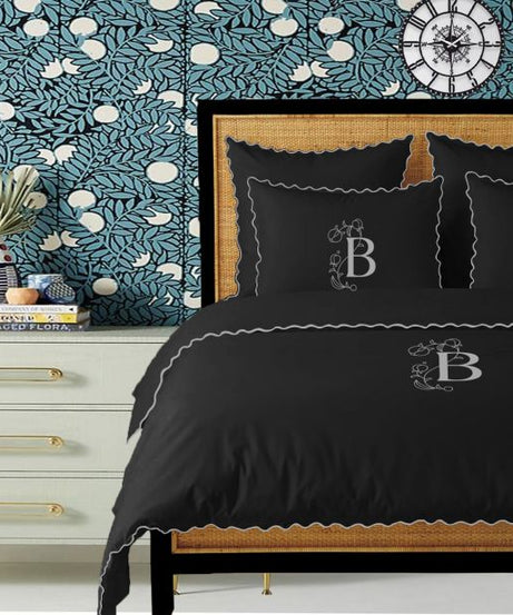 Monogram Black 400TC Cotton Small Scallop Embroidery Duvet Cover Set