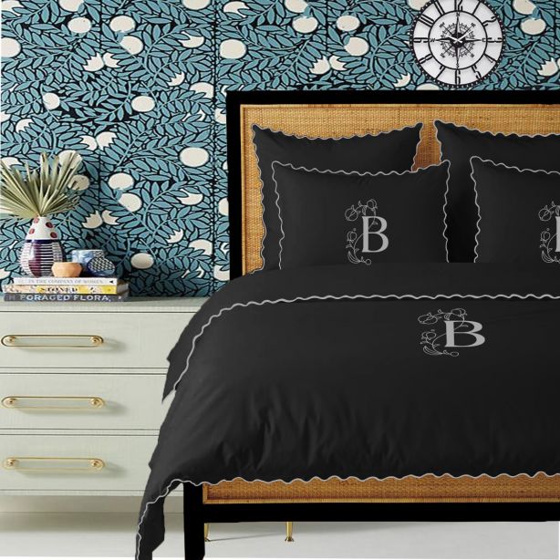 Monogram Black 400TC Cotton Small Scallop Embroidery Duvet Cover Set