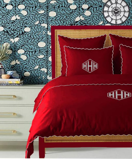 Monogram Burgundy 400TC Cotton Small Scallop Embroidery Duvet Cover Set