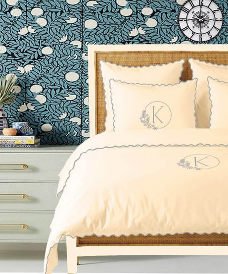 Monogram Ivory 400TC Cotton Small Scallop Embroidery Duvet Cover Set