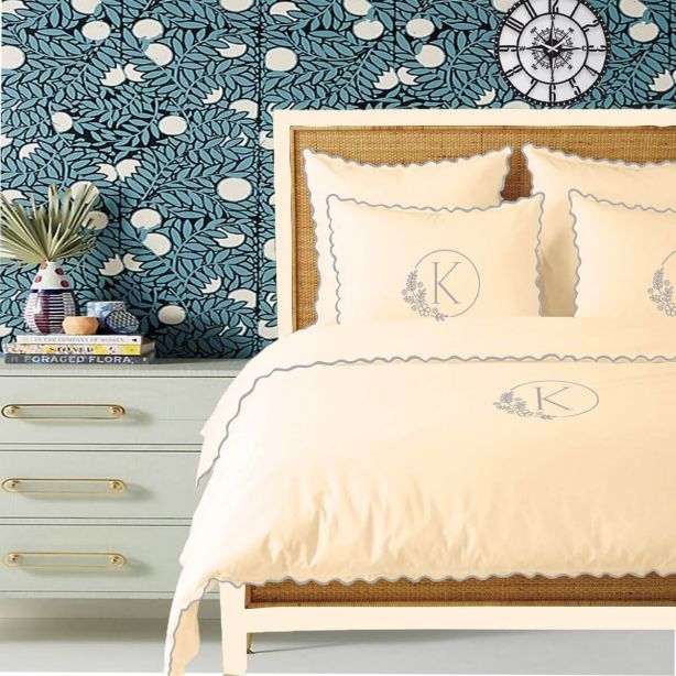 Monogram Ivory 400TC Cotton Small Scallop Embroidery Duvet Cover Set
