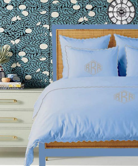 Monogram Light Blue 400TC Cotton Small Scallop Embroidery Duvet Cover Set