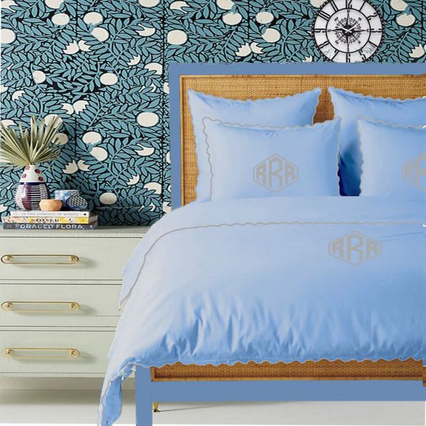 Monogram Light Blue 400TC Cotton Small Scallop Embroidery Duvet Cover Set