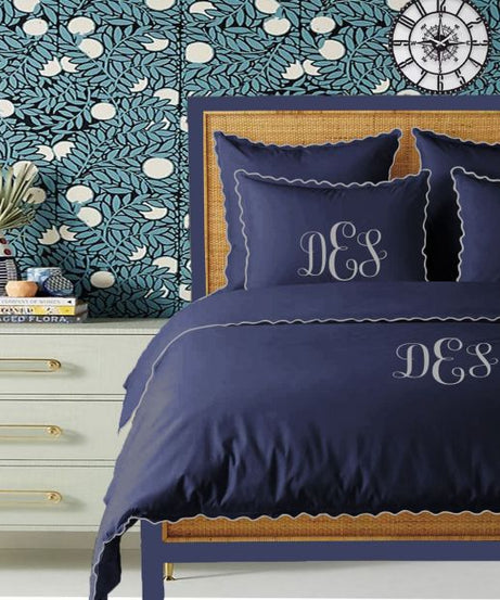Monogram Navy 400TC Cotton Small Scallop Embroidery Duvet Cover Set