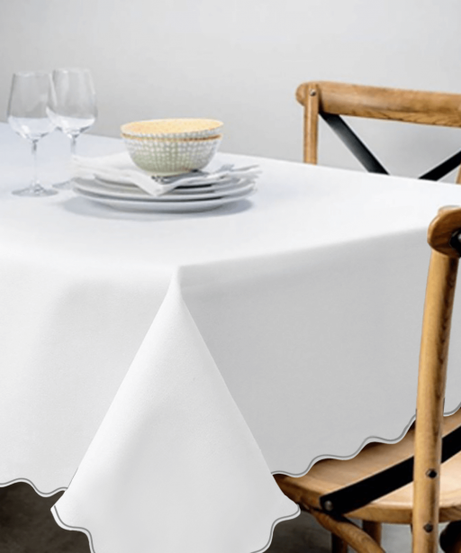 Scallop Embroidery Sateen Poly Cotton Solid Table Cloth