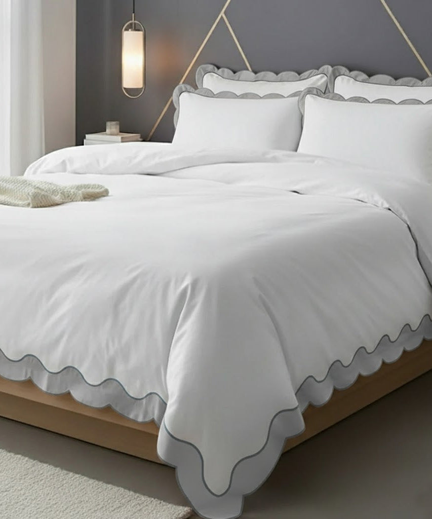 Scalloped & Wavy Applique Embroidery Cotton Duvet Cover Set