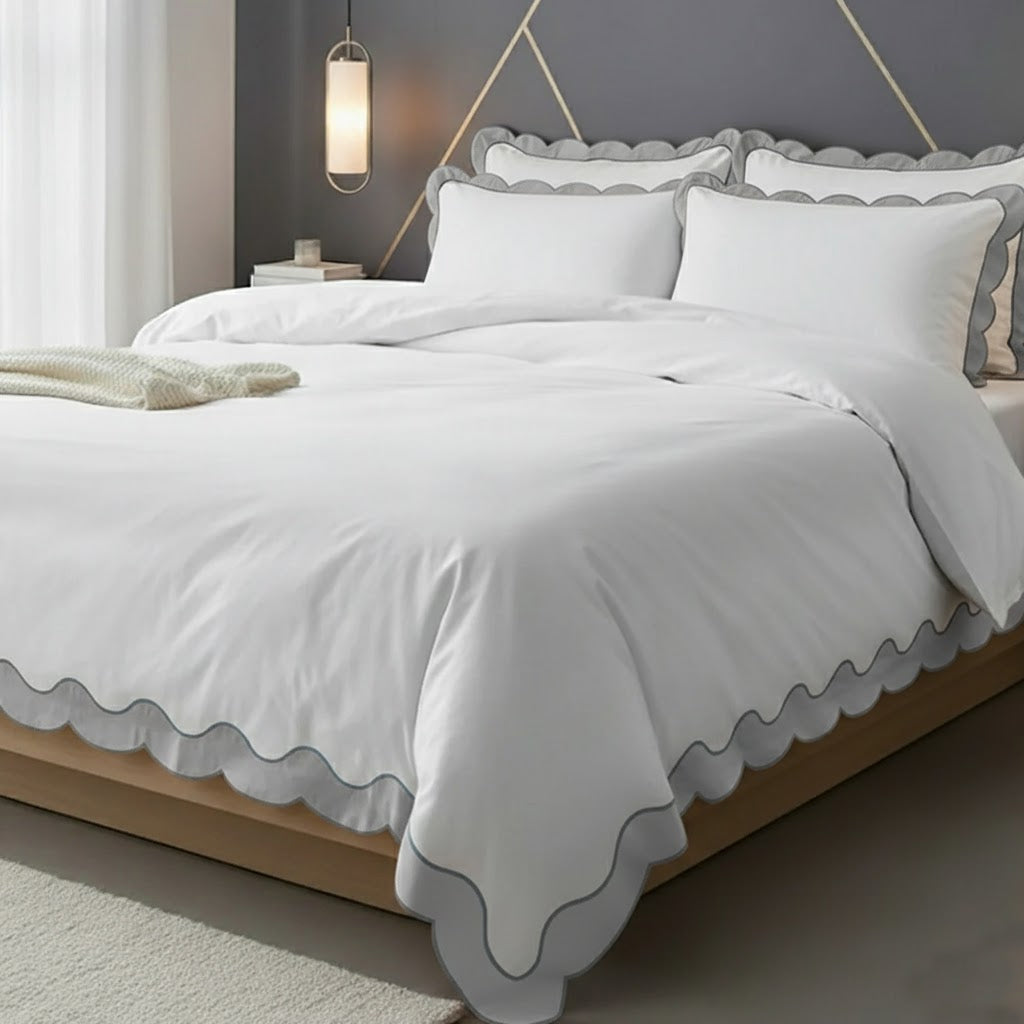Scalloped & Wavy Applique Embroidery Cotton Duvet Cover Set