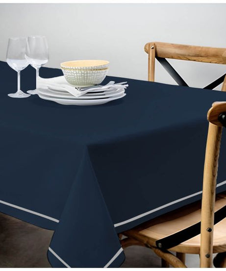 Single Embroidery Border Sateen Cotton Solid Table Cloth - Navy
