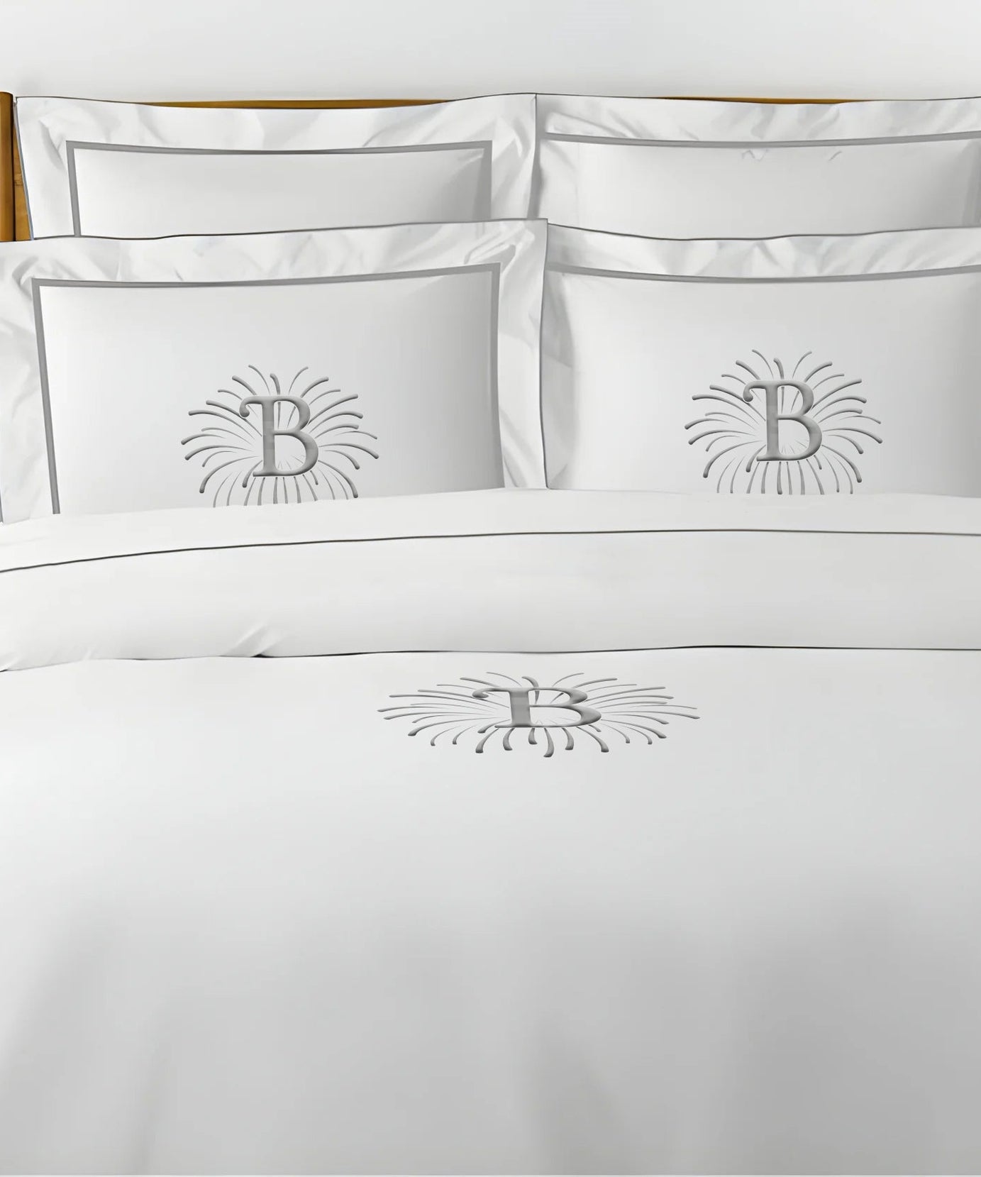 Monogram Embroidery & Border Cotton Sateen Solid Duvet Cover Set