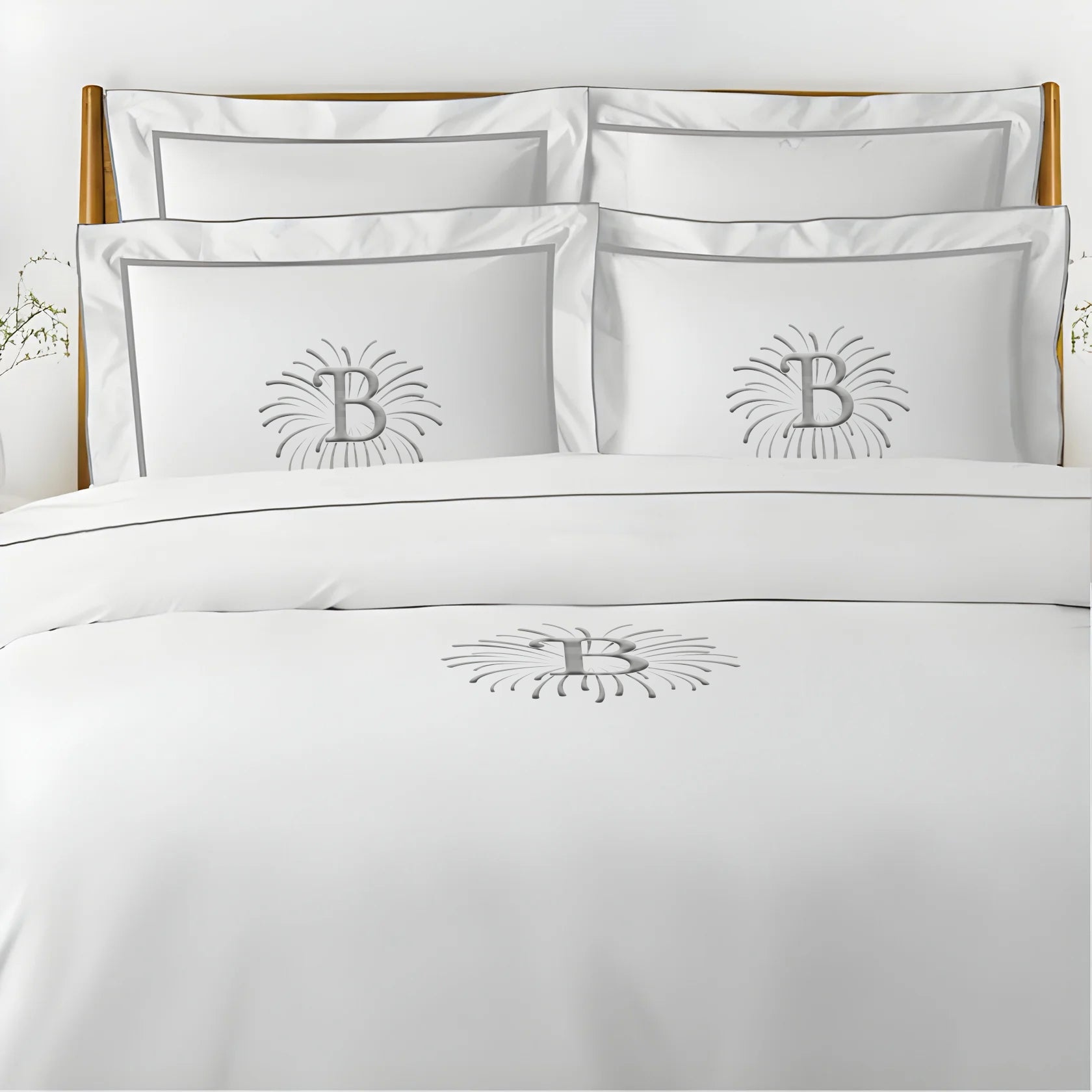 Monogram Embroidery & Border Cotton Sateen Solid Duvet Cover Set