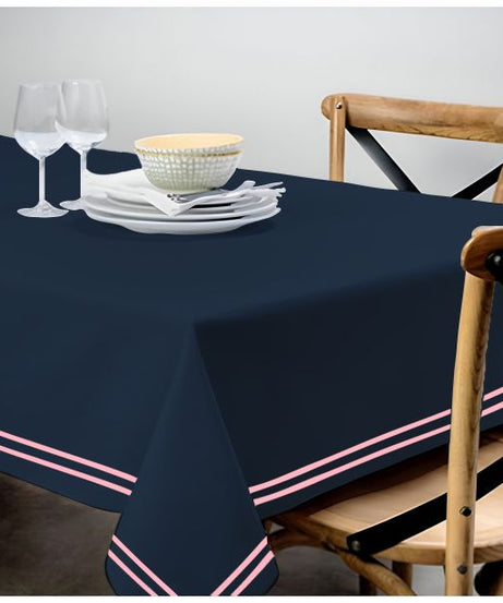 Double Embroidery Border Sateen Cotton Solid Table Cloth - Navy