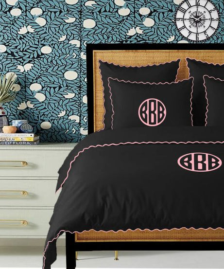 Monogram Black 400TC Cotton Small Scallop Embroidery Duvet Cover Set