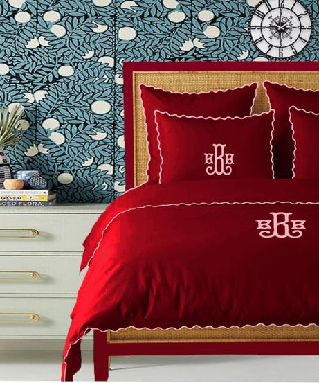 Monogram Burgundy 400TC Cotton Small Scallop Embroidery Duvet Cover Set