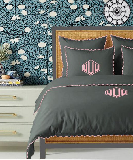 Monogram Dark Grey 400TC Cotton Small Scallop Embroidery Duvet Cover Set