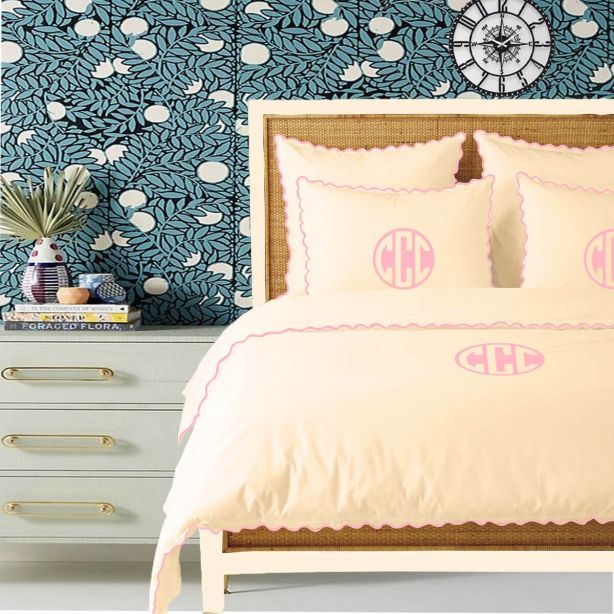 Monogram Ivory 400TC Cotton Small Scallop Embroidery Duvet Cover Set