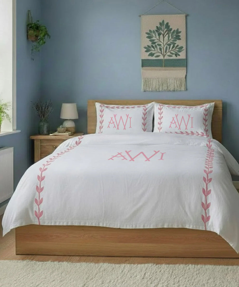 Monogram Layered Leaf Applique Cotton Duvet Cover Set