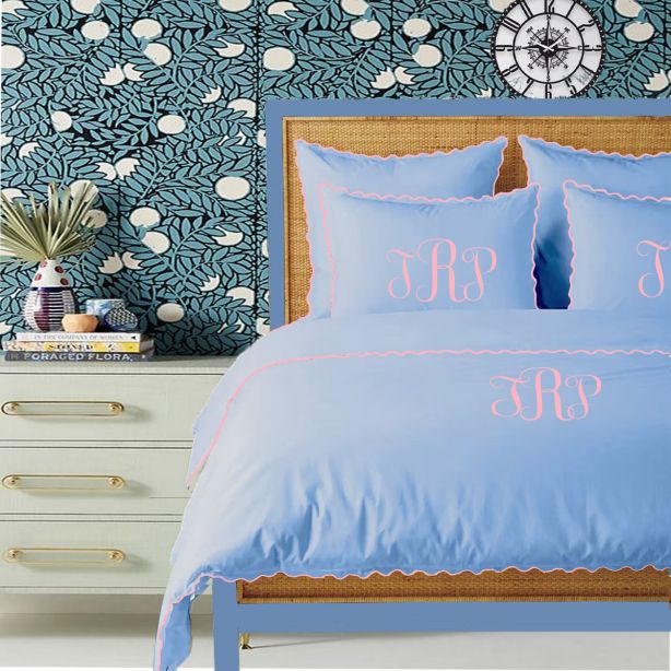 Monogram Light Blue 400TC Cotton Small Scallop Embroidery Duvet Cover Set