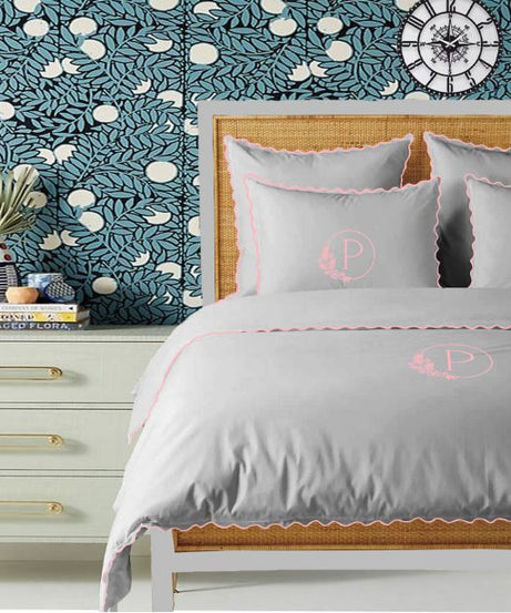 Monogram Light Grey 400TC Cotton Small Scallop Embroidery Duvet Cover Set