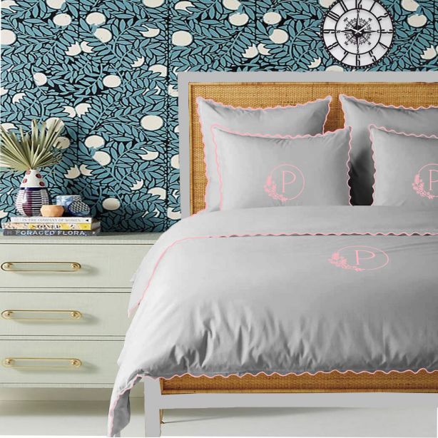 Monogram Light Grey 400TC Cotton Small Scallop Embroidery Duvet Cover Set