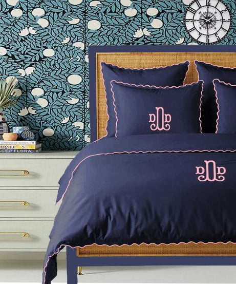 Monogram Navy 400TC Cotton Small Scallop Embroidery Duvet Cover Set
