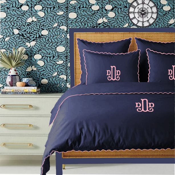 Monogram Navy 400TC Cotton Small Scallop Embroidery Duvet Cover Set