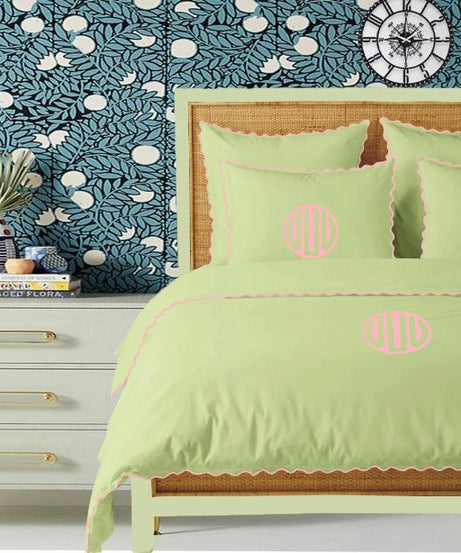 Monogram Sage 400TC Cotton Small Scallop Embroidery Duvet Cover Set