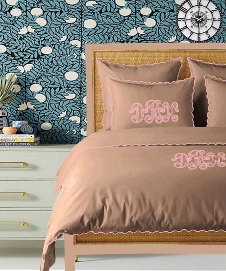 Monogram Taupe 400TC Cotton Small Scallop Embroidery Duvet Cover Set