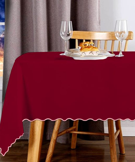 Scallop Embroidery Sateen Cotton Solid Table Cloth - Burgundy