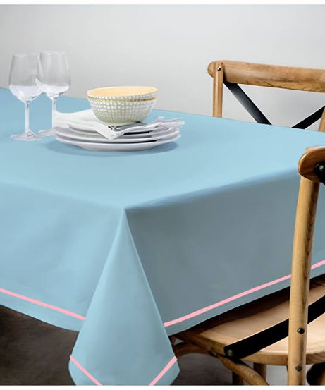 Single Embroidery Border Sateen Cotton Solid Table Cloth - Light Blue