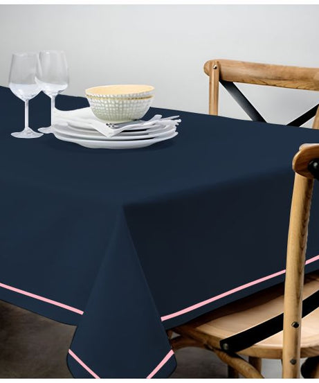 Single Embroidery Border Sateen Cotton Solid Table Cloth - Navy