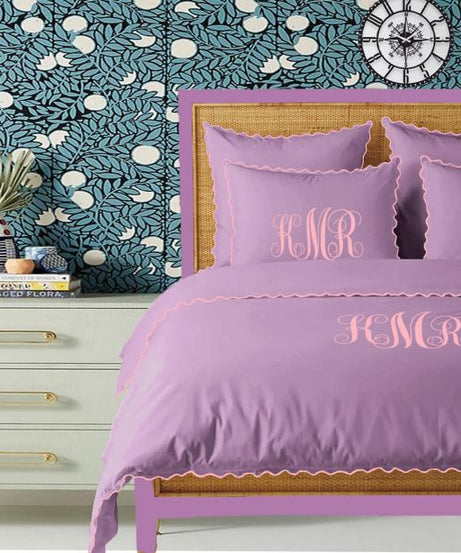Monogram Lilac 400TC Cotton Small Scallop Embroidery Duvet Cover Set