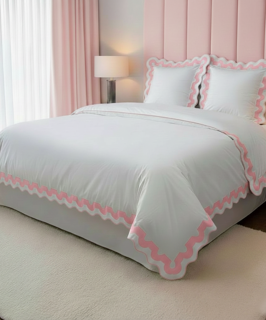 400TC U Shape Applique Scalloped Embroidery Cotton Duvet Cover Set