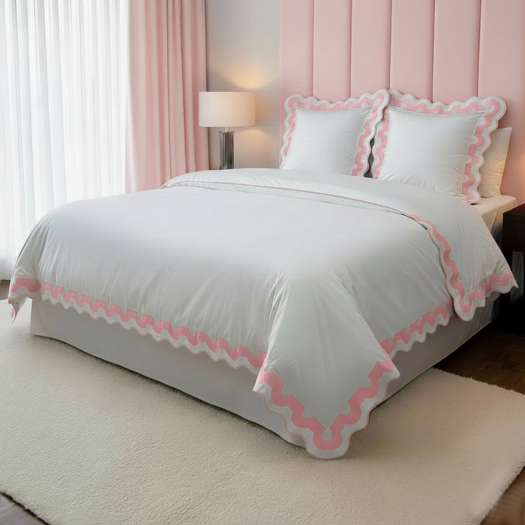 400TC U Shape Applique Scalloped Embroidery Cotton Duvet Cover Set