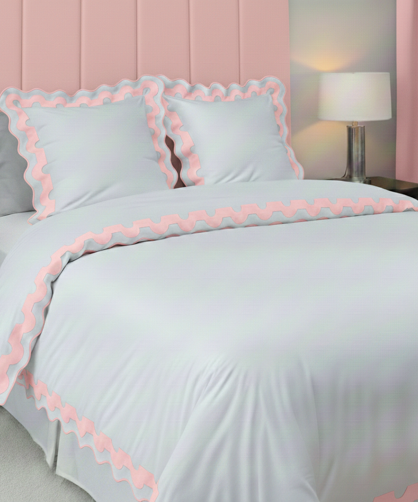 400TC U Shape Applique Scalloped Embroidery Cotton Duvet Cover Set