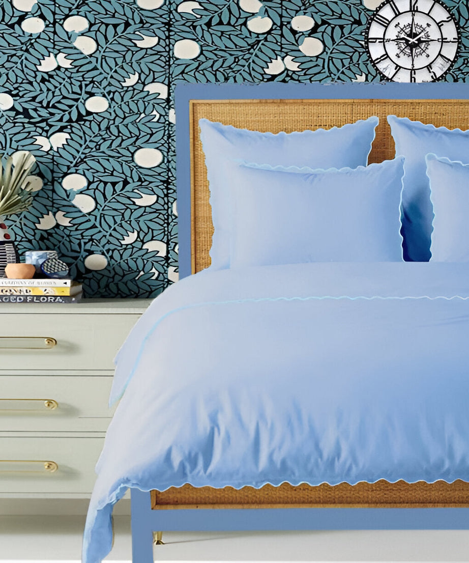 Light Blue 400TC Cotton Small Scallop Embroidery Duvet Cover Set