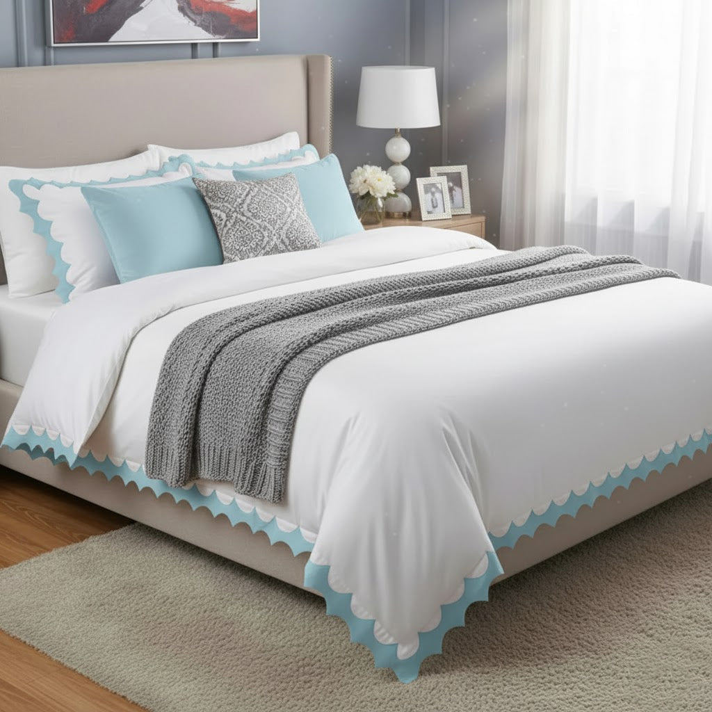 Reverse Scalloped Applique Embroidery Cotton Duvet Cover Set