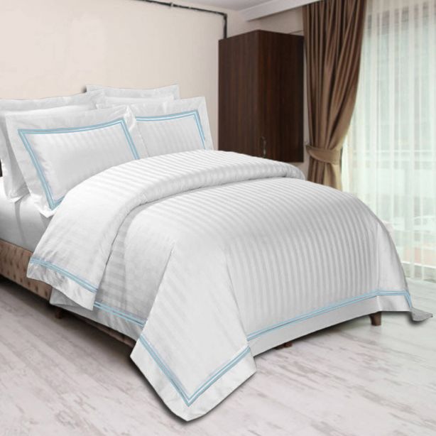 400TC Cotton Double Edge Embroidery Sateen Stripe Duvet Cover Set