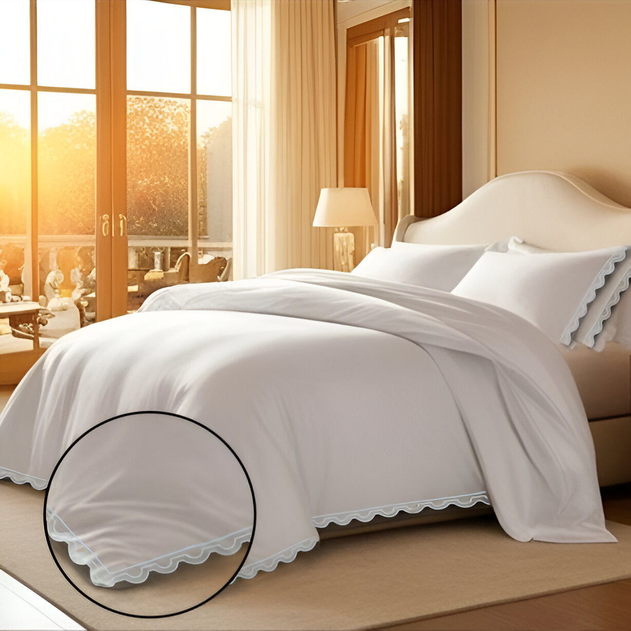 400TC U Shape Scallop Embroidery Cotton Duvet Cover Set