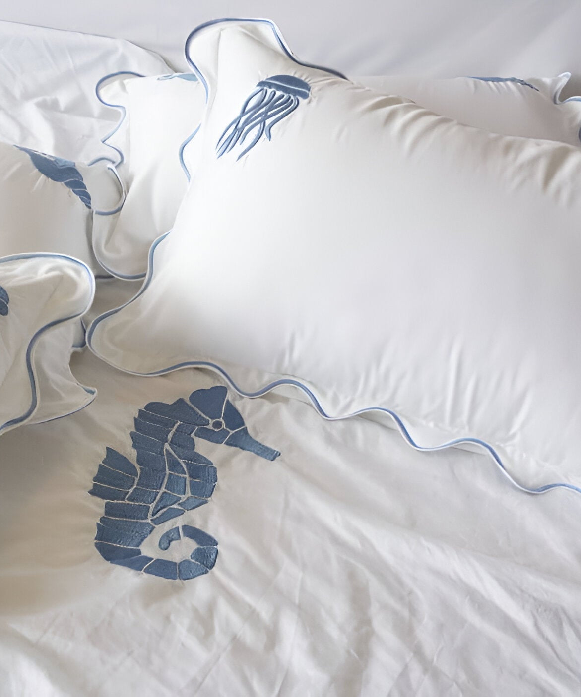 Seahorse Embroidered Cotton Sateen Duvet Cover Set