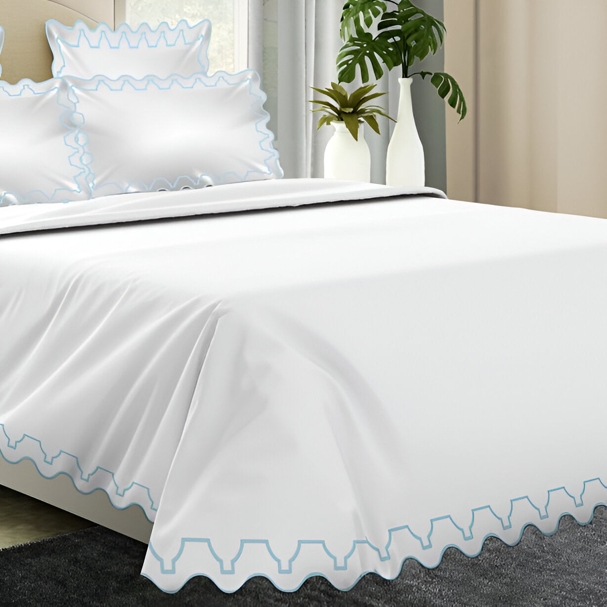 Imaginary Scallop 400TC Cotton Embroidery Sateen Solid Duvet Cover Set