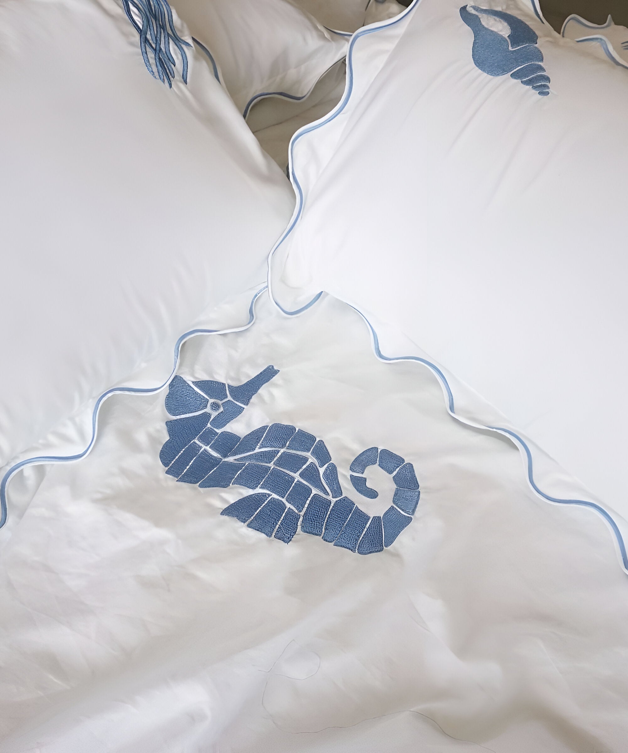 Seahorse Embroidered Cotton Sateen Duvet Cover Set
