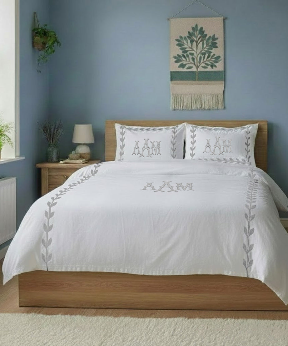 Monogram Layered Leaf Applique Cotton Duvet Cover Set