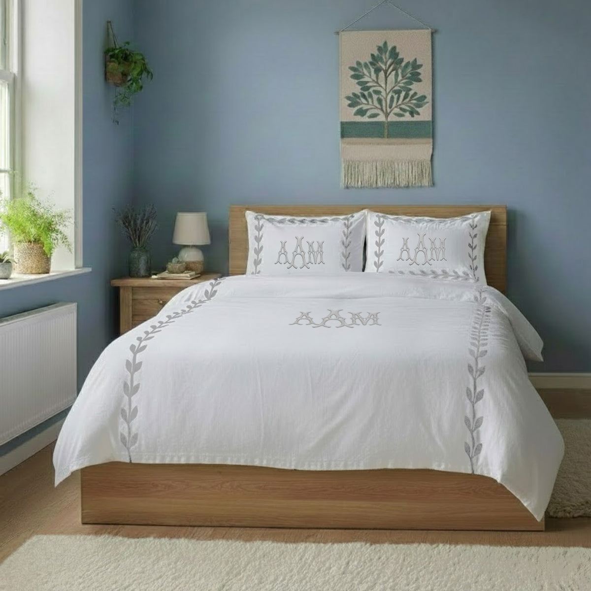 Monogram Layered Leaf Applique Cotton Duvet Cover Set