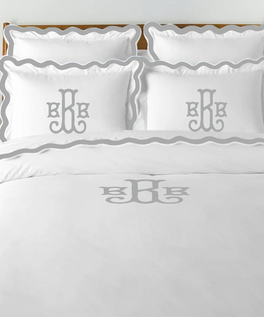 Monogram 400TC Applique Scalloped Embroidery Cotton Duvet Cover Set