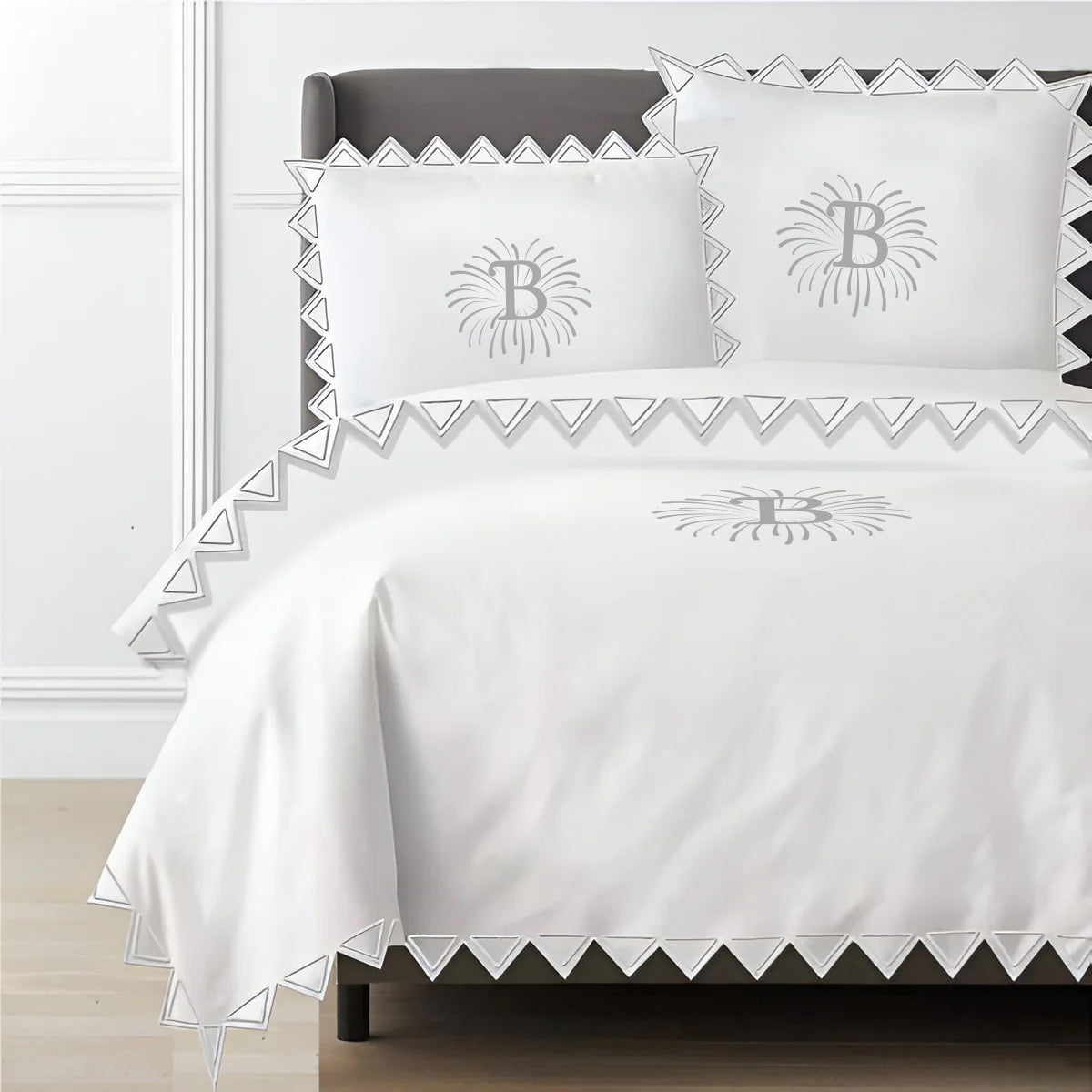 Monogram Ashley 400TC Cotton Traingle Embroidery Sateen Solid Duvet Cover Set